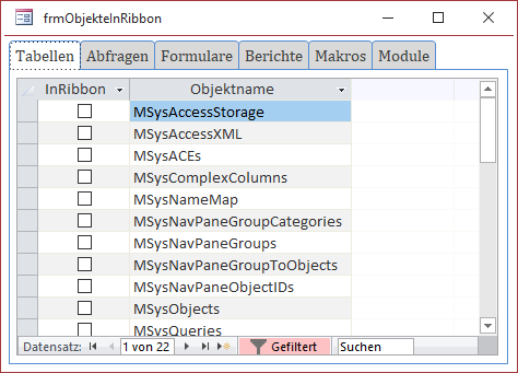 Objekte gefiltert nach Objekttyp, hier alle Tabellen