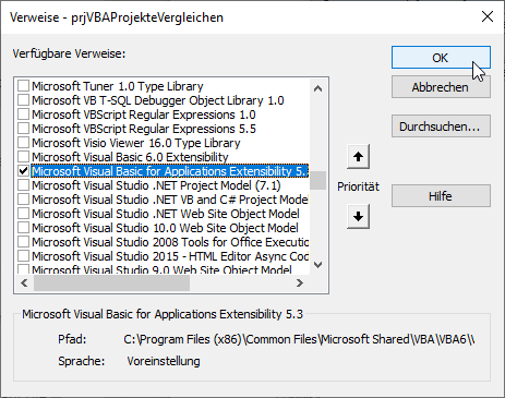 Verweis auf die Bibliothek Microsoft Visual Basic for Applications Extensibility 5.3 Object Library