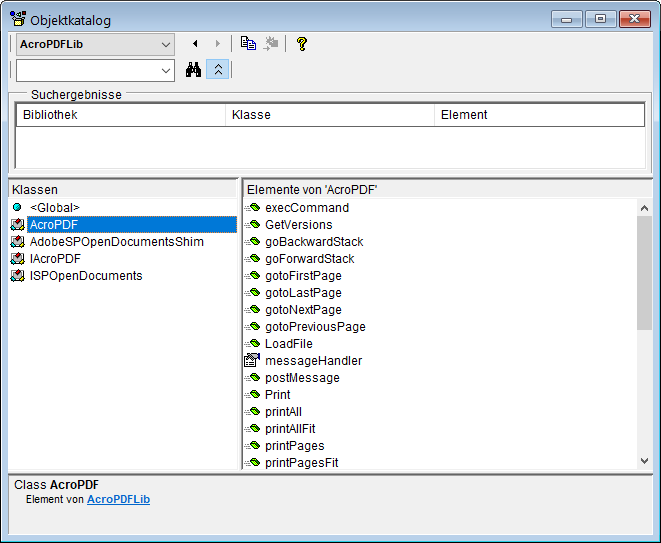 Die Klasse AcroPDF im Objektkatalog