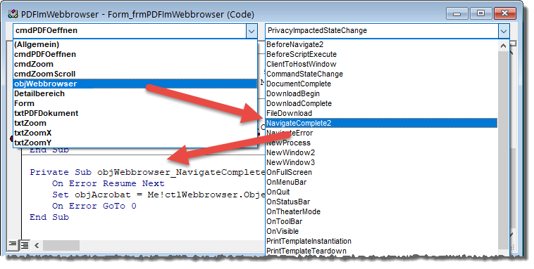 Anlegen einer Ereignisprozedur für das WebBrowser-Steuerelement