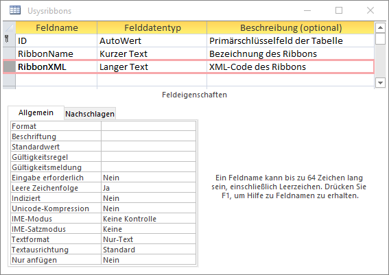 Entwurf der Ribbon-Tabelle