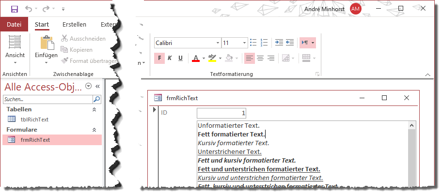 Ribbon-Einträge zum Formatieren des Inhalts von Rich-Text-Feldern