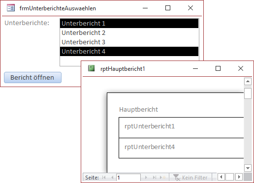 Anzeige der ausgewählten Unterberichte