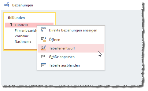 Kontextmenü im Beziehungen-Fenster