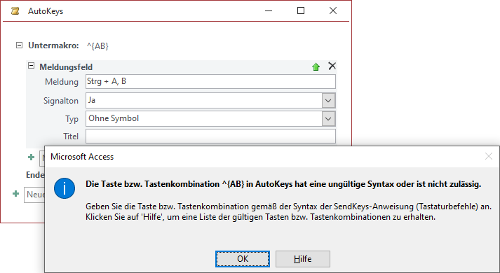 Fehlermeldung beim Versuch, eine ungültige Tastenkombination zu speichern