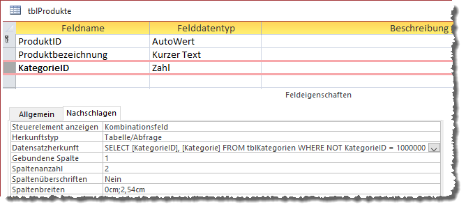 Anpassen der Datensatzherkunft des Nachschlagefeldes