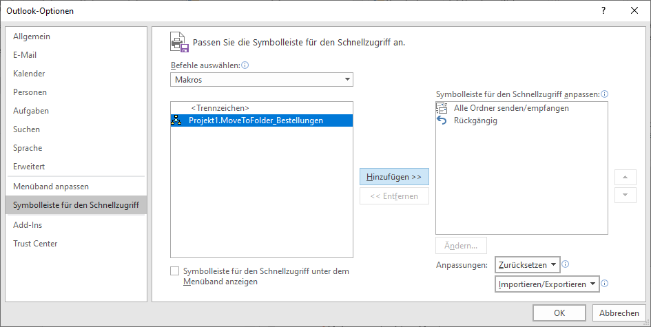 Hinzufügen eines Makros zur Quick Access Toolbar