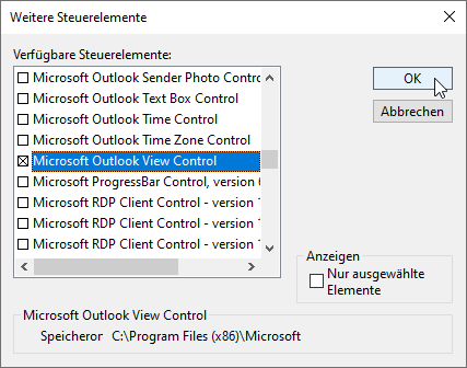 Auswahl des Outlook View Control-Steuerelements
