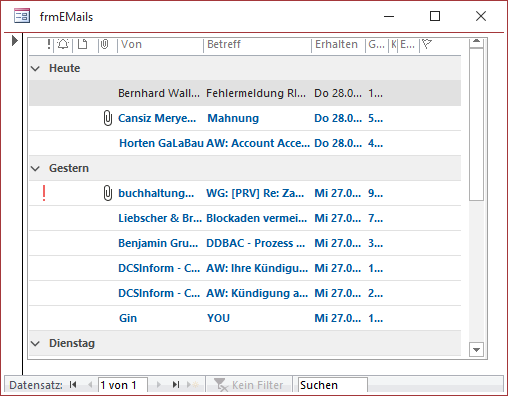 Anzeige der E-Mails im Formular