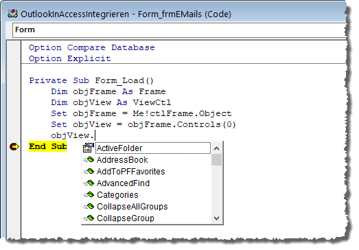 Zugriff per IntelliSense auf die Eigenschaften und Methoden des View-Steuerelements