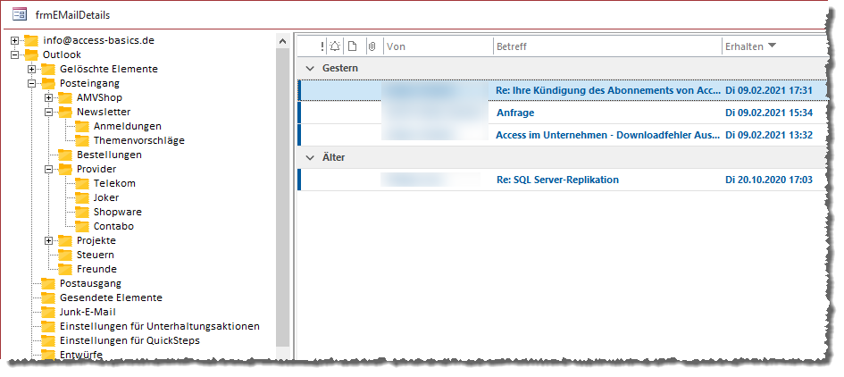 Outlook-Ordner und der Inhalt eines E-Mail-Ordners