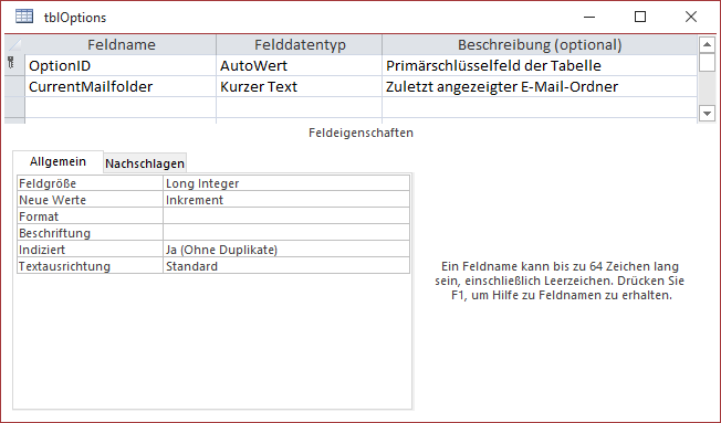 Tabelle zum Speichern von Optionen