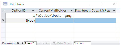 Zuletzt verwendeter Ordner in der Tabelle tblOptions