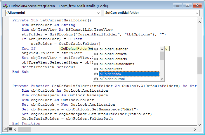 Auswahl des gewünschten Standardordners per IntelliSense