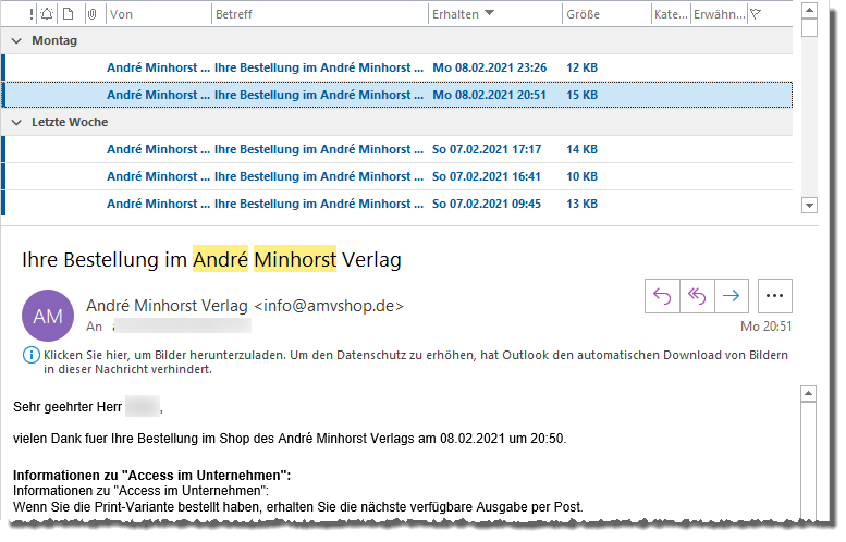 Anzeige einer E-Mail in Outlook