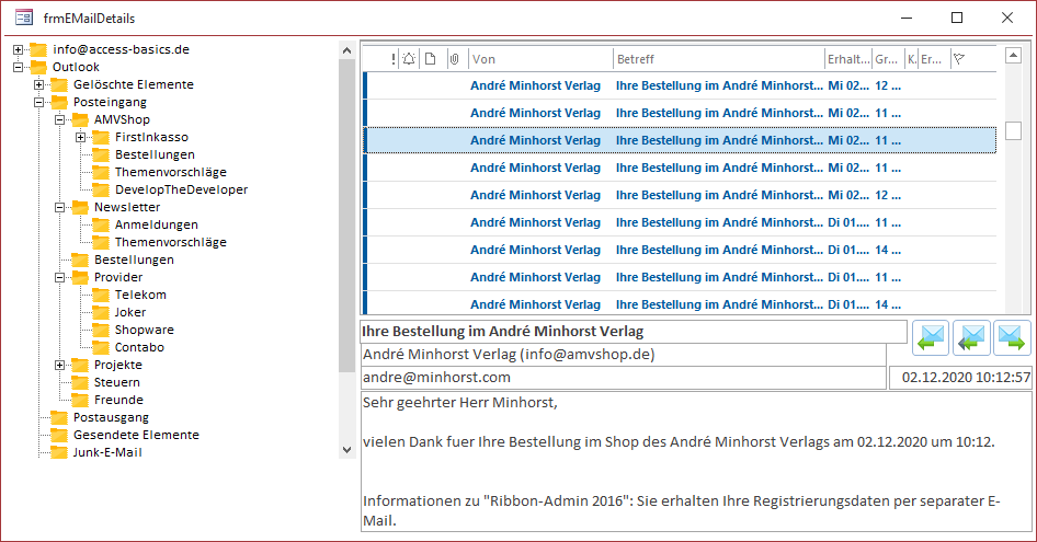 Anzeige von Ordnern, Ordnerinhalt und Mailinhalt