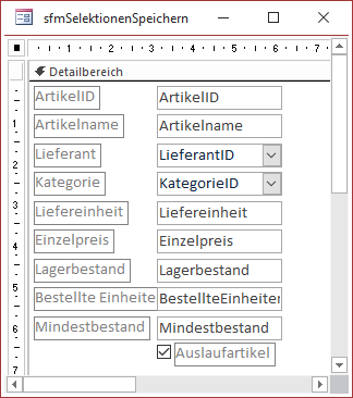 Entwurf des Unterformulars