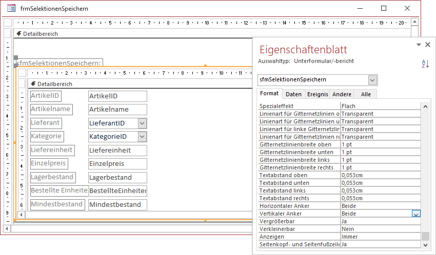 Einfügen des Unterformulars in das Hauptformular