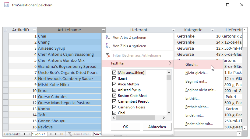 Einstellen von Filter- und Sortierkriterien