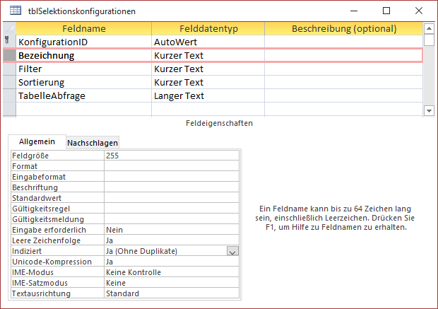Entwurf der Tabelle tblSelektionskonfigurationen