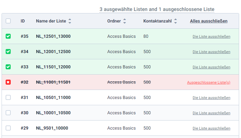 Aus- und Abwählen von Listen im Newslettertool