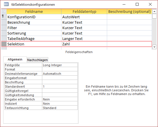Erweitern der Tabelle tblSelektionskonfigurationen