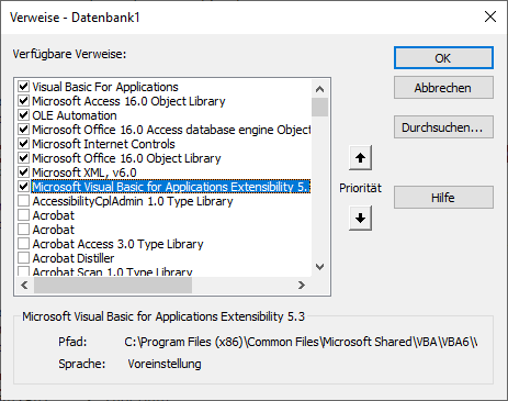 Verweis auf die Bibliothek Microsoft Visual Basic for Applications 5.3 Extensibility