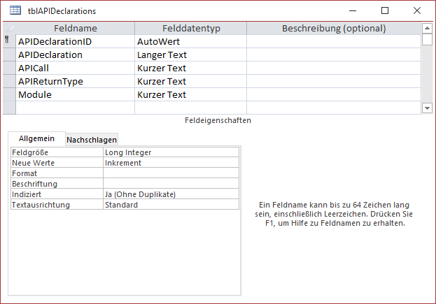 Entwurf der Tabelle zum Speichern der API-Deklarationen