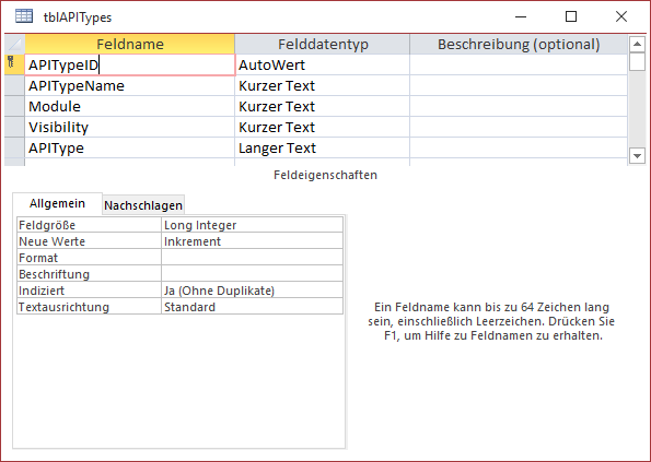 Entwurf der Tabelle tblAPITypes