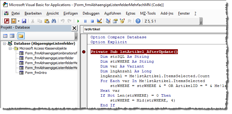 Setzen eines Haltepunktes in der ersten Zeile einer Ereignisprozedur