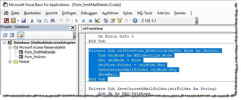 Anzeige und Markierung der Ereignisprozedur
