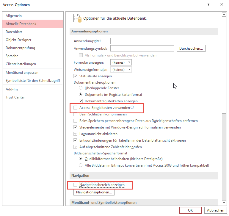 Zwei Beispiele für Optionen, die man per Umschalttaste aushebeln kann