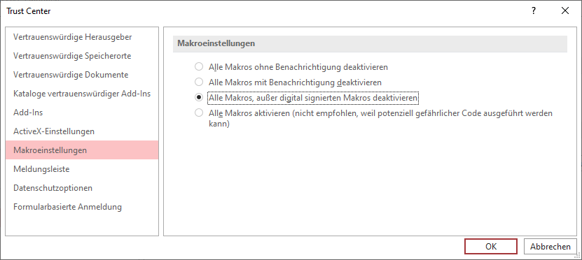 Trustcenter-Einstellung für VBA-Makros