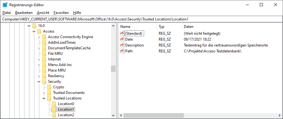 Registry-Eintrag eines vertrauenswürdigen Speicherorts