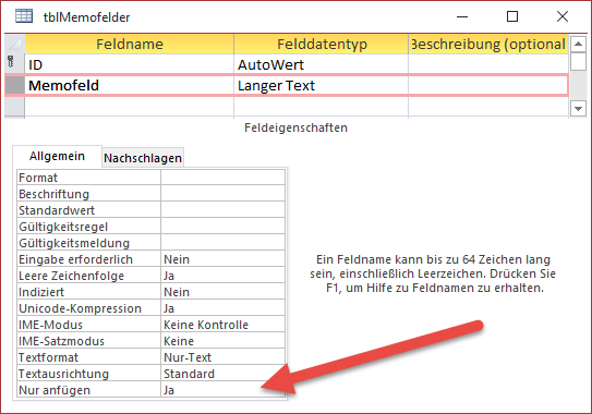 Memofeld zum Anfügen von Texten