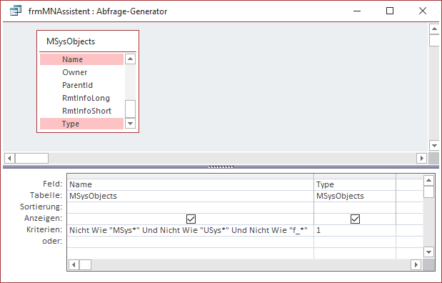 Datensatzherkunft der Kombinationsfelder zur Auswahl der an der Beziehung beteiligten Tabellen