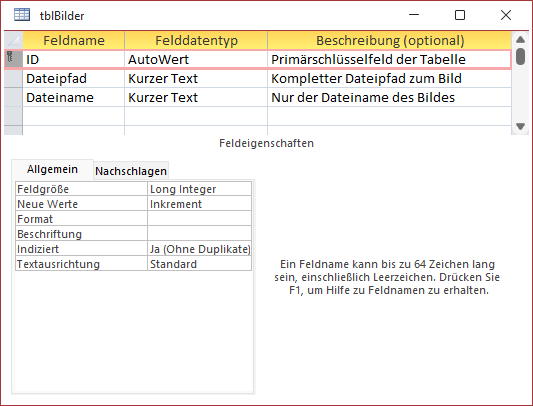 Tabelle mit Bildpfaden und Bilddateinamen in der Entwurfsansicht