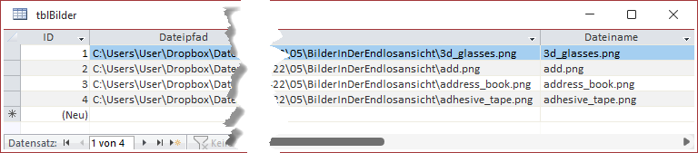 Tabelle mit Bildpfaden und Bilddateinamen in der Datenblattansicht
