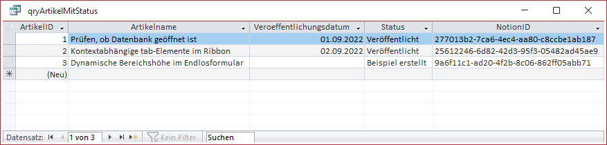 Ergebnis der Abfrage mit den Feldern aus den Tabellen tblArtikel und tblStatus