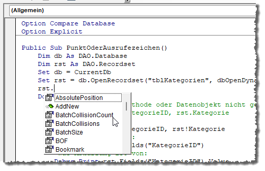Nutzung des Punktes für die Anzeige von Elementen per IntelliSense
