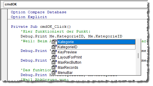 Zugriff per Punkt und IntelliSense auf die Felder der Datensatzherkunft