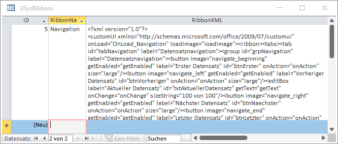 Tabelle zum Speichern der Ribbondefinition