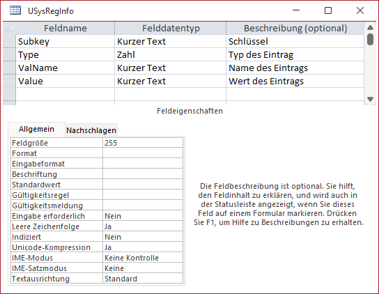 Die Tabelle USysRegInfo