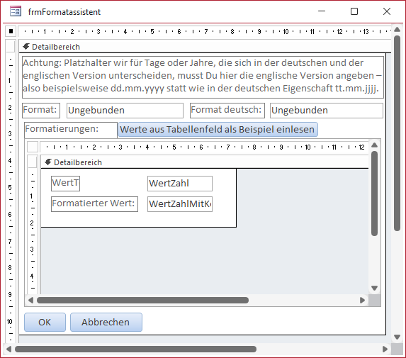 Hauptformular des Assistenten mit Unterformular
