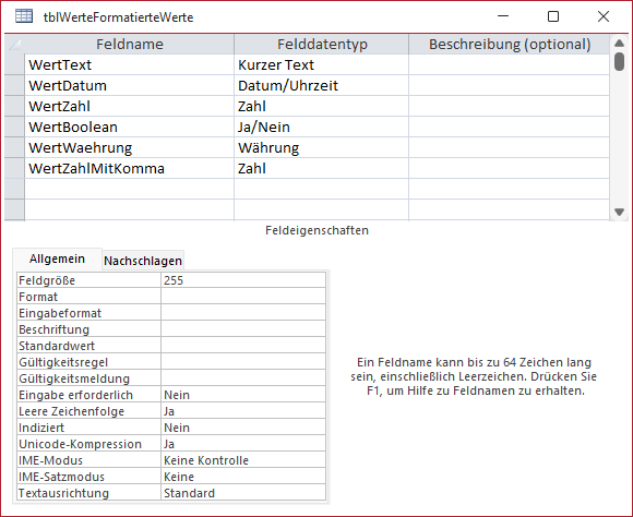 Entwurf der Tabelle für die Beispieldaten