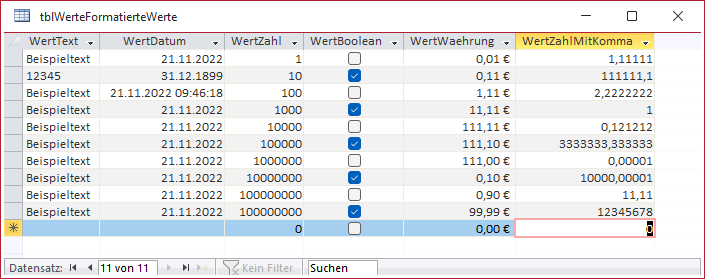 Beispielwerte für die verschiedenen Felddatentypen