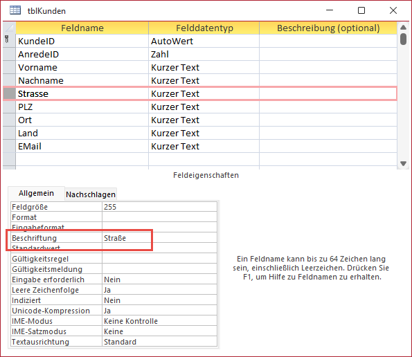 Anpassen der Beschriftung eines Feldes