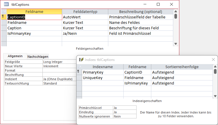 Tabelle zum Speichern der Zuordnung von Feldern und Beschriftungen