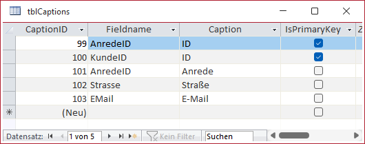 Die Tabelle tblCaptions mit einigen Beispieldaten