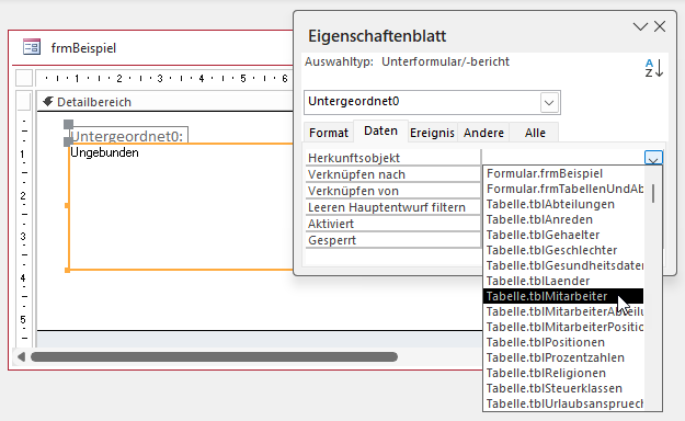 Klassische Auswahl der Tabelle oder Abfrage für ein Unterformular
